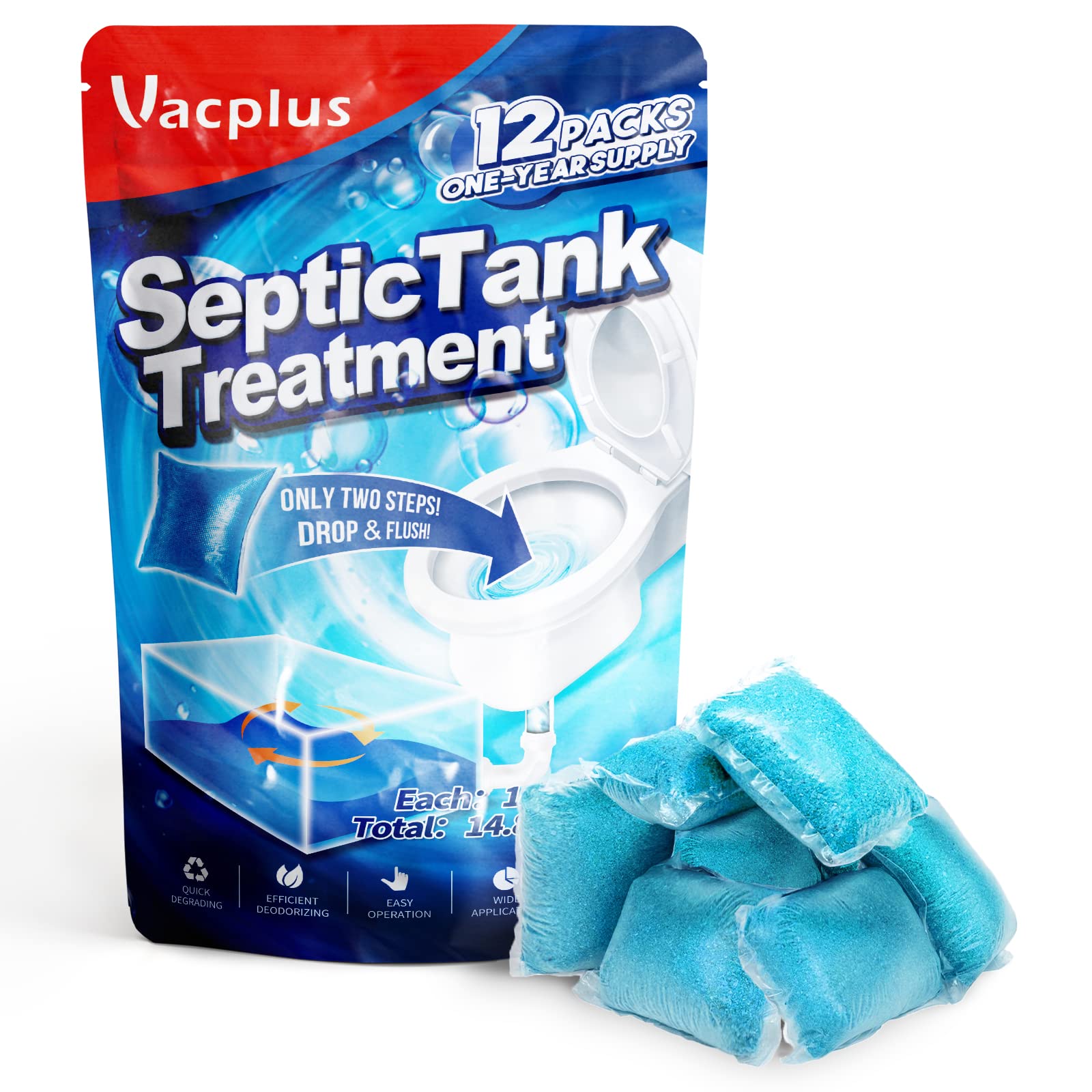 Photo 1 of Vacplus Septic Tank Treatment 12 Pcs for 1-Year Supply, Dissolvable Packs with Easy Operation, Durable Biodegradable Enzymes for Wastes, Greases & Odors, Blue, 2X Efficiency
