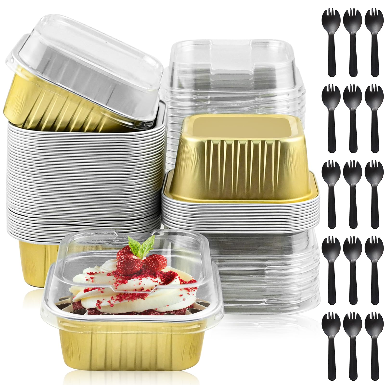 Yibang 150PCS/50 Sets Mini Loaf Pans with Lids and Spoons, 150ML Reusable Aluminum Mini Loaf Tins Use for Air Fryer Oven, Heat Resistant Square Baking Cups for Making Bread, Cake and Durian