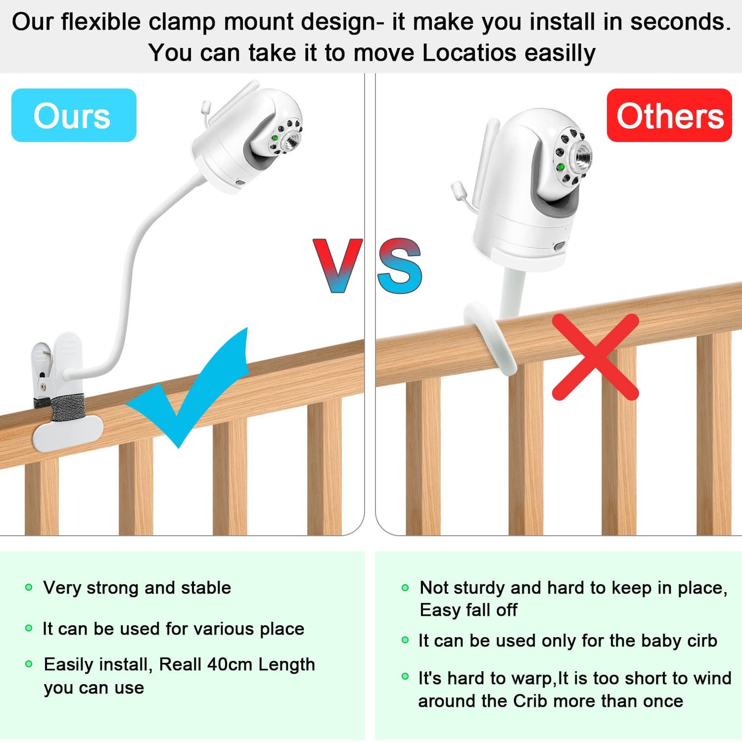 Flexible Clip clamp Mount Compatible with Infant Optics DXR-8 and DXR-8 PRO Video Baby Monitor Camera 15.7 inches Flexible Long Gooseneck Arm, Baby Monitors Holder for Crib Baby Camera Stand