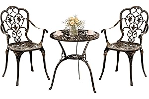 Z1UVDFUR Patio Bistro Set of 2, Cast Aluminum, Outdoor Set w/Umbrella Hole, 3 Piece Table and Chairs Set, Bistro Set for Backyard/Garden/Lawn, Bronze