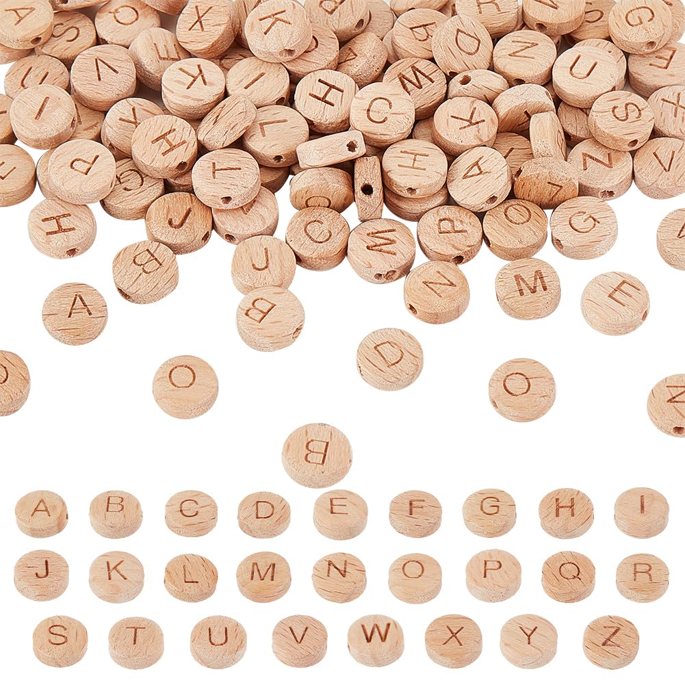 OLYCRAFT 104 Pcs 10mm Alphabet Wooden Beads Round Flat Alphabet Beads Natural Beech Flat Wood Bead with 1.6mm Hole Wooden Loose Bead with Initial Letter for Jewelry Making and DIY Crafts - 4Sets