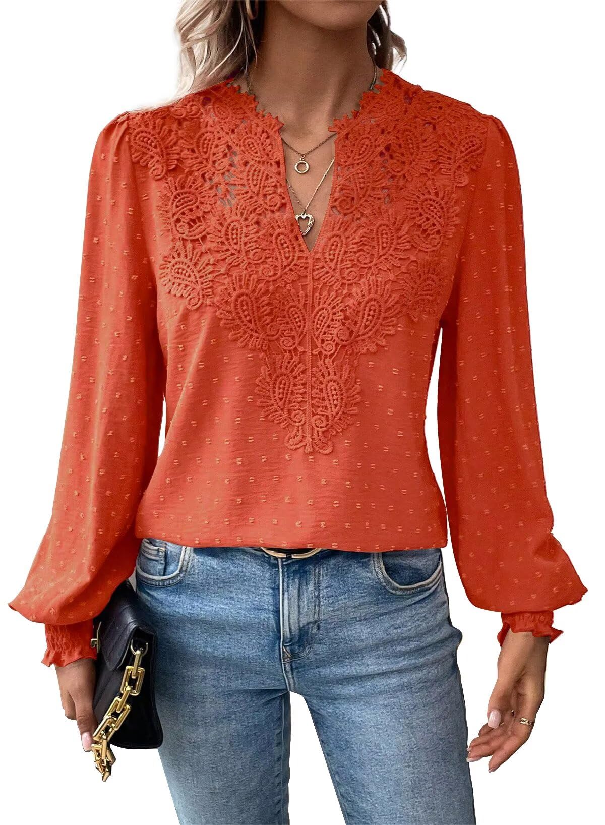 Falechay Womens Plus Size Tops Solid Flowy Blouse For Women Dressy Summer Long Sleeve V Neck Elegant Bright Orange Tunic Winter Top Fall 6XL Image