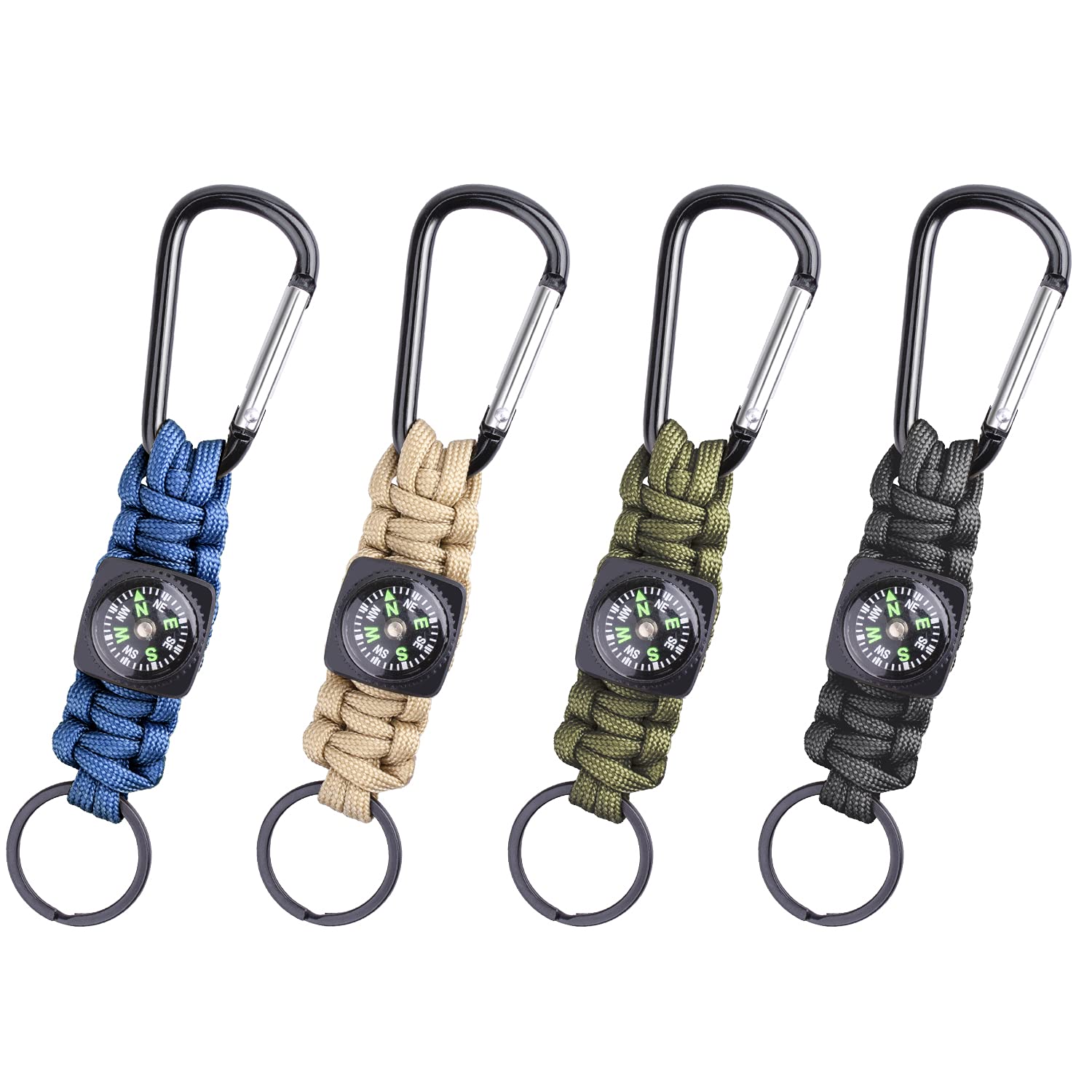 4 Pieces Key Chain Paracord with Carabiner Compass and Rope Heavy Duty 280 kg Key Chain for Survival Hiking Outdoor Camping (Black, Blue, Army Green, Khaki)