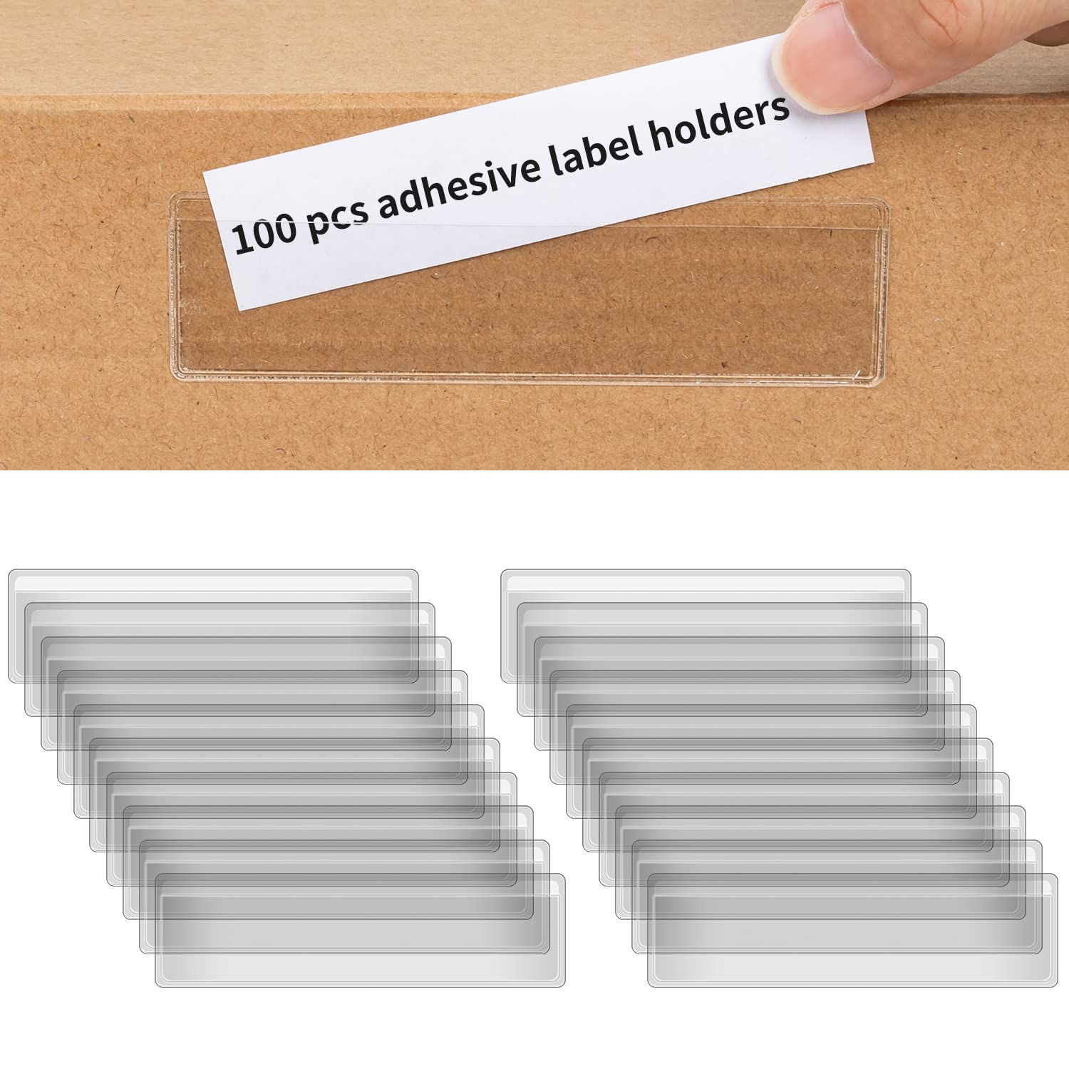 Photo 1 of 100 PCS 4 x 1 Inch Label Holders Adhesive Label Pockets, Self Adhesive Label Holders Clear Plastic Label Pockets, Clear Shelf Tag Storage Bin Labels for Supermarket Bookshelf, Mailbox, and Business