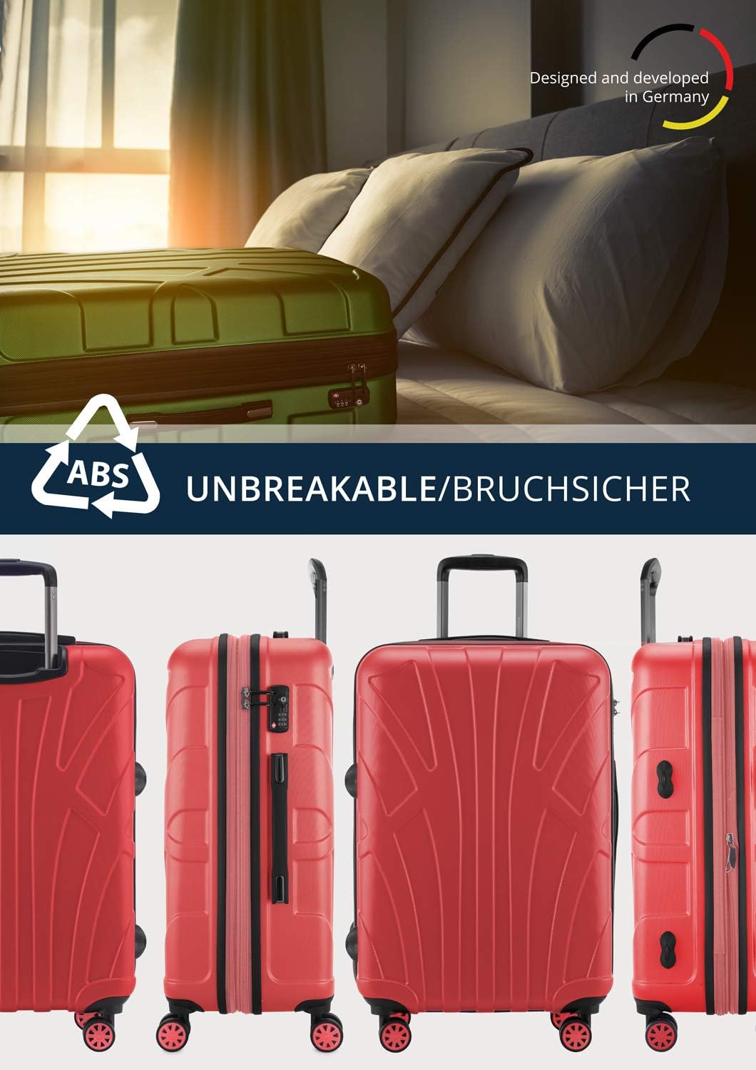 Suitline - Hardshell Suitcase Trolley Travel Luggage Hardcase with Extension, TSA, 66 cm, 58-68 litres, 100% ABS mat, Coral - Image 5