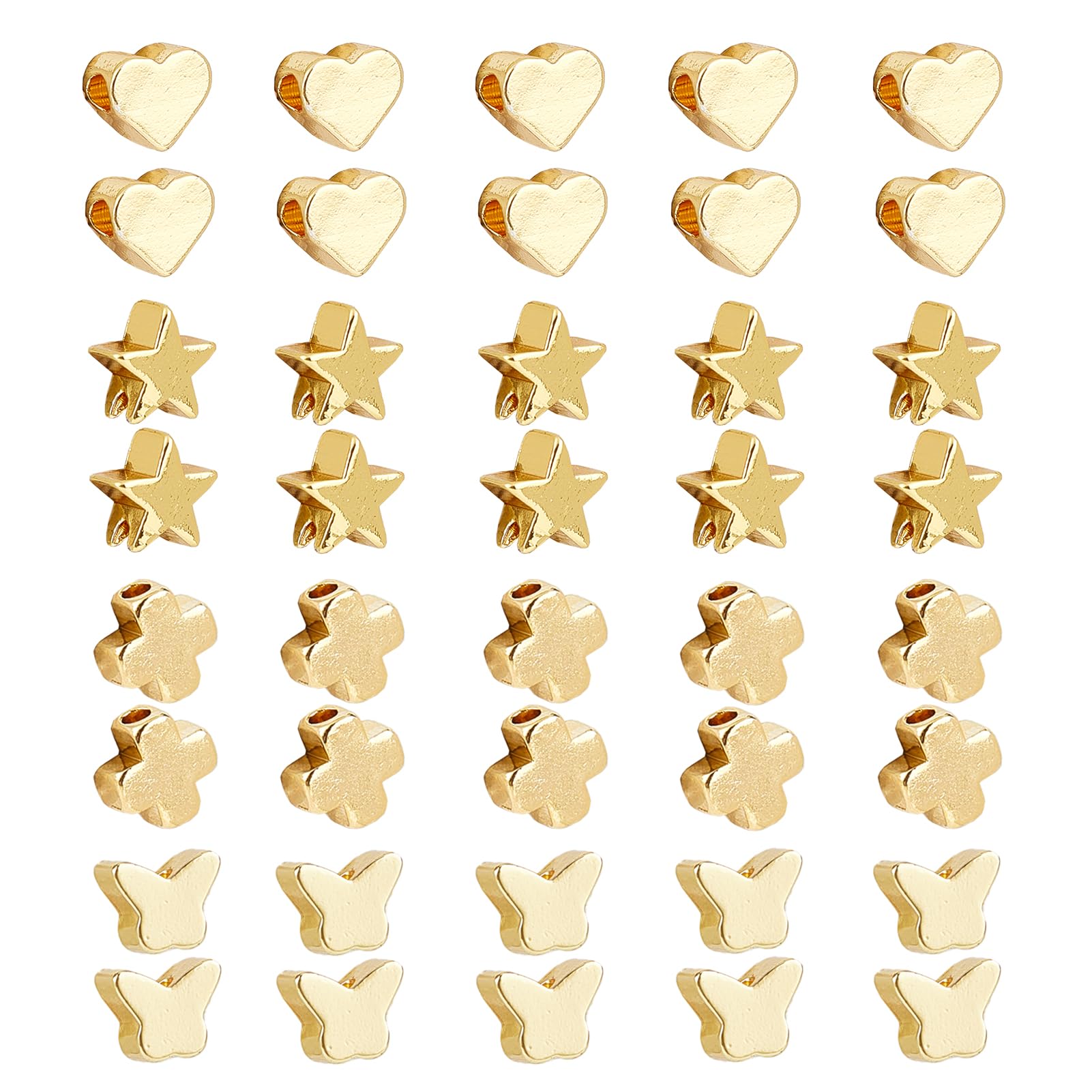 NICENEEDED 40 Pcs 18K Gold Plated Spacer Beads, Heart Cross Star Loose Beads, Golden Butterfly Beads Solid Brass Bead Pendent Charms for Bracelet Necklace Earring Jewelry Making