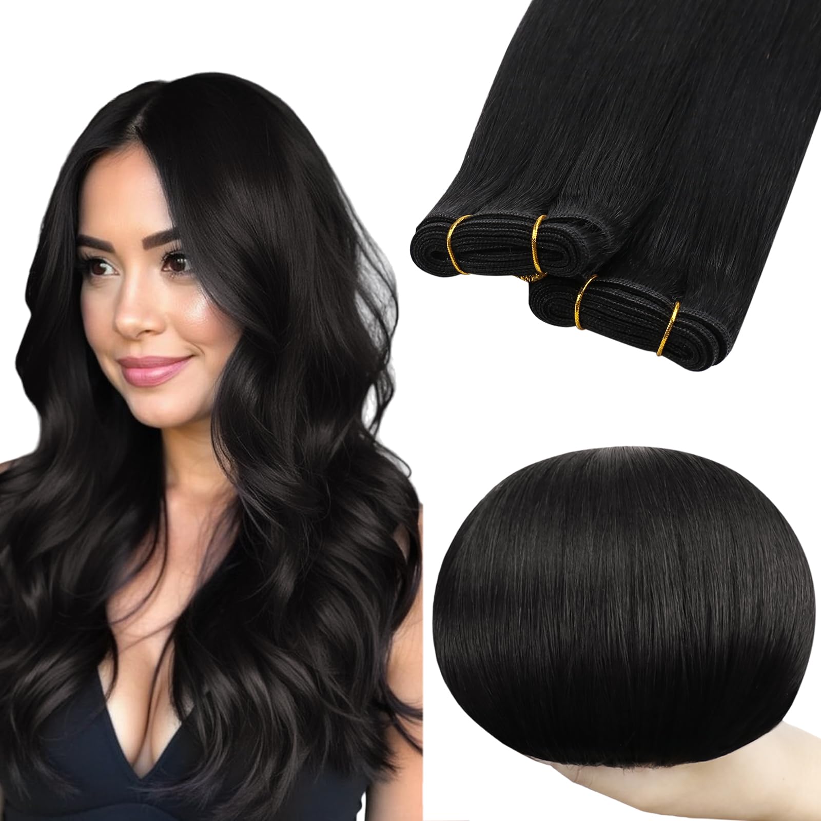 RUNATURE Weft Hair Extensions Real Human Hair 16 Inch Black Sew in Hair Extensions Human Hair Jet Black Double Weft Hair 100g/Pack #1 — image 1