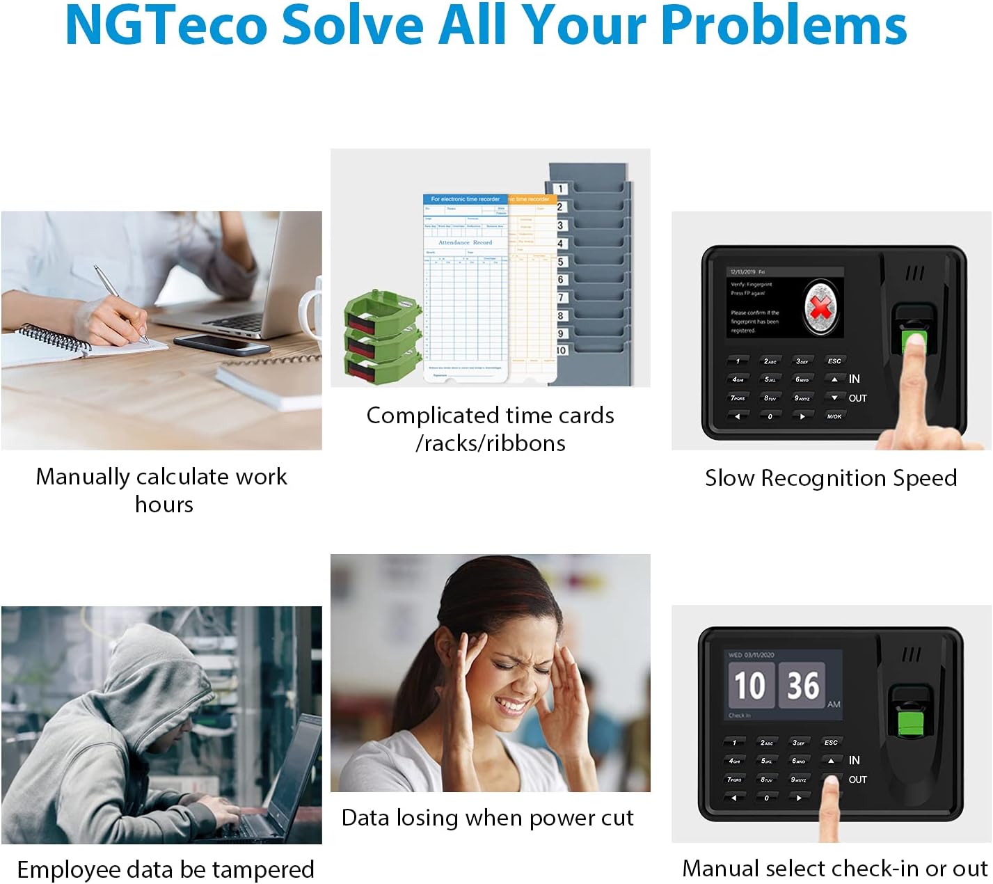 Face Recognition Time Clock, NGTeco Biometric Time Clocks for Employees Small Business In and Out - 2.4Ghz WiFi LAN Facial Touch-Free Time Attendance Machine with APP for iOS/Android(0 Monthly Fees) : Electronics
