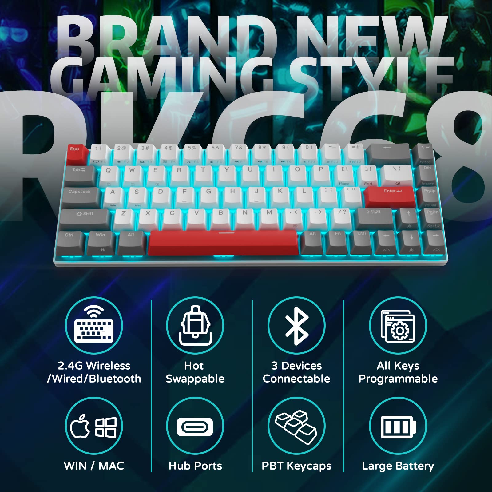 RK ROYAL KLUDGE RK G68 65% Wireless Mechanical Keyboard, Bluetooth5.1/2.4G/Wired Hot Swappable Mechanical Keyboard with 3 USB Ports, 68 Keys RGB Red Switch for Mac Windows, Classical Red