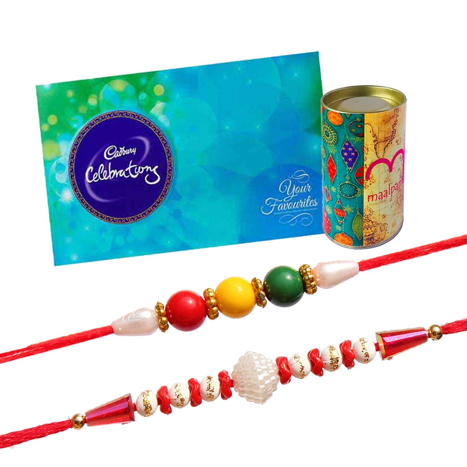 maalpani multicolor set of 2 rakhi with cadbury celebration for bhaiya(men/boy)