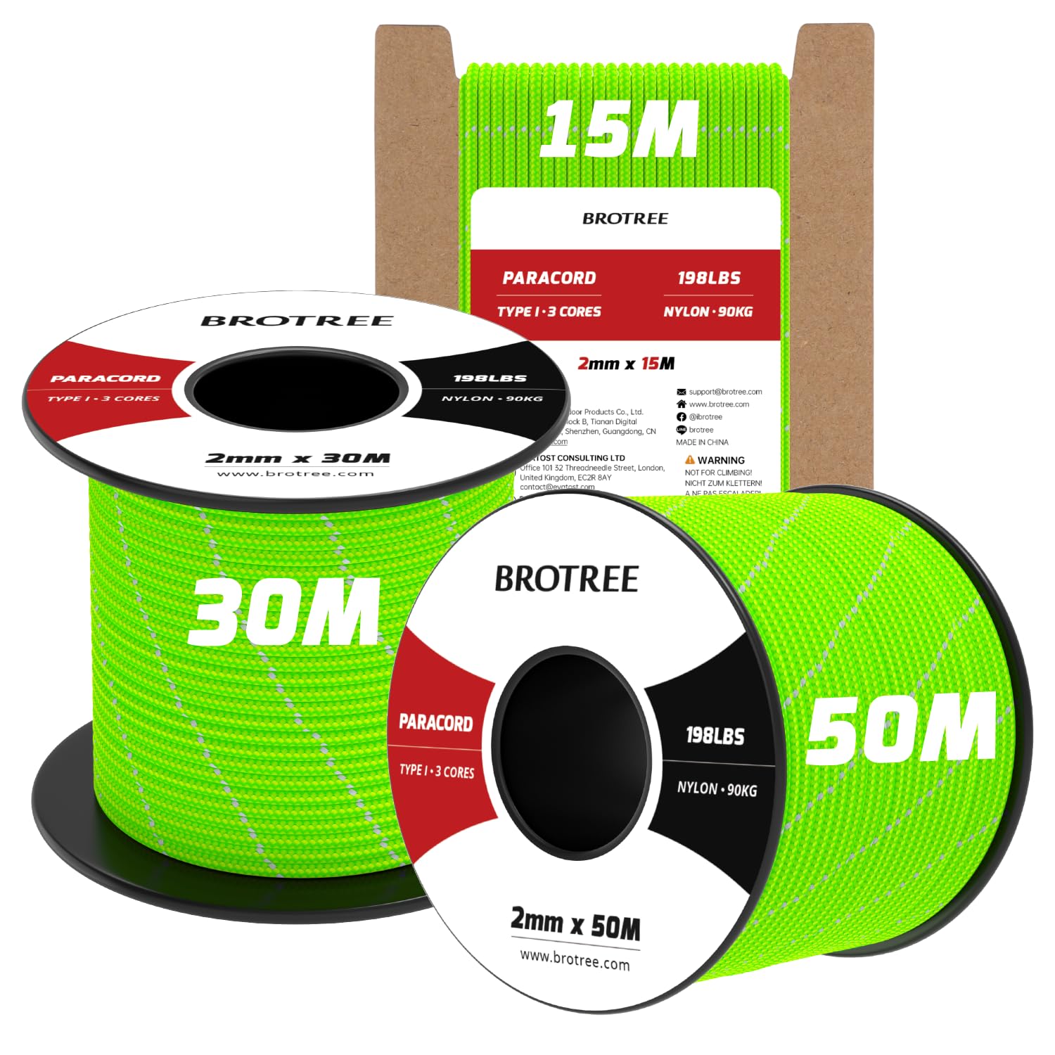 Brotree 2mm Paracord 3 Strands 50M 100% Nylon Rope Parachute Cord for Outdoor, Craft, DIY - 90kg Breaking Load (Reflective Neon Green) — image 1