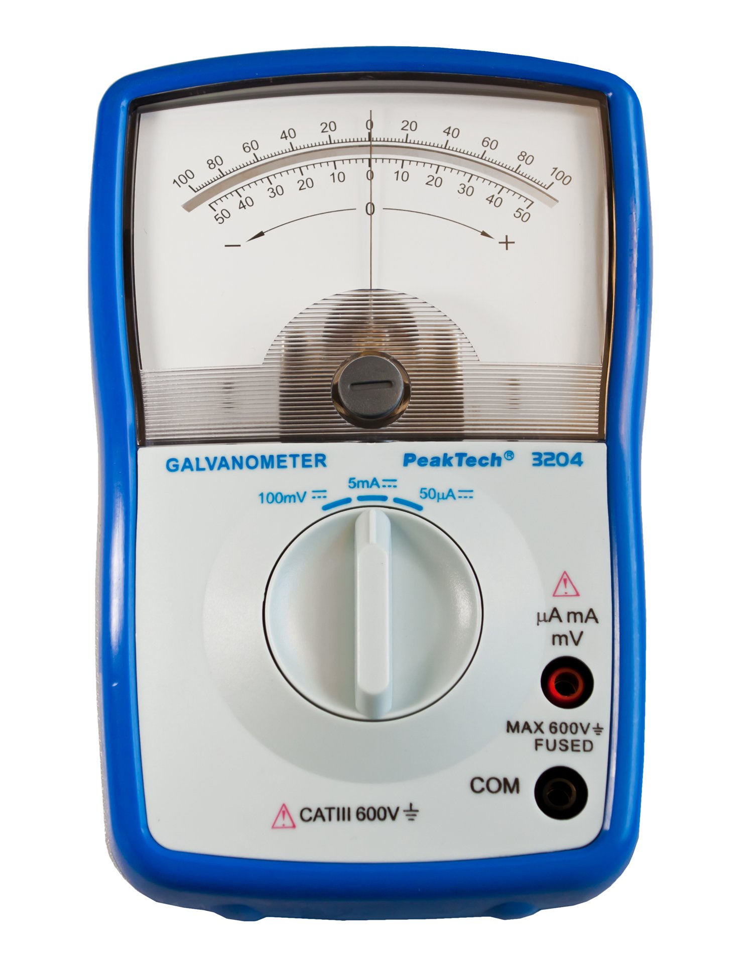 PeakTech Analogue Electrometer +/50 mA; +/5 mA; +/100 mV; Cat III 600 V; Current Direction Meter with Rotary Coil Gauge and spigle Scale, 1 Piece, P 3204