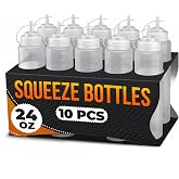 10-Pack 24oz Condiment Squeeze Bottles for Sauces, Large Sauce Bottle Set | Squirt Bottles for Sauces, Ketchup, Mayo and Salad Dressing; Leak-Resistant Narrow Tip, Tethered Cap, Measuring Scale