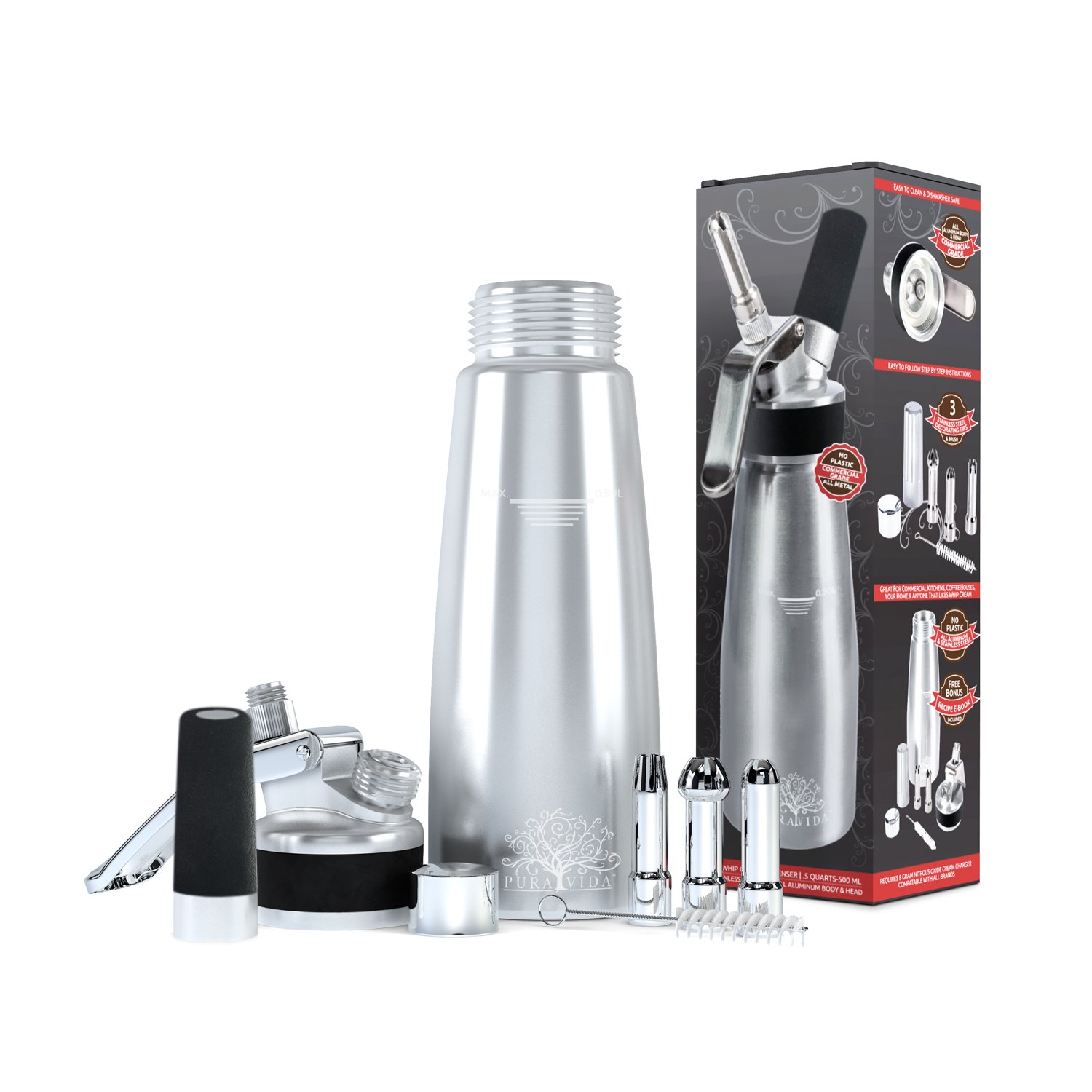 Whipped Cream Dispenser By Pura Vida – Durable, All Aluminum Body & Head – 3 Stainless Steel Decorating Tips & A Brush – Half Quartz Size – Dishwasher Safe – Gift Box Packaging – Easy Instructions