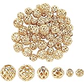PH PandaHall 60pcs 14K Gold Plated Round Beads, 4/6/8mm Round Hollow Bead Metal Brass Spacer Beads Filigree Loose Bead for Earrings Bracelet Pendant Waist Chain Necklaces Jewelry DIY Crafts