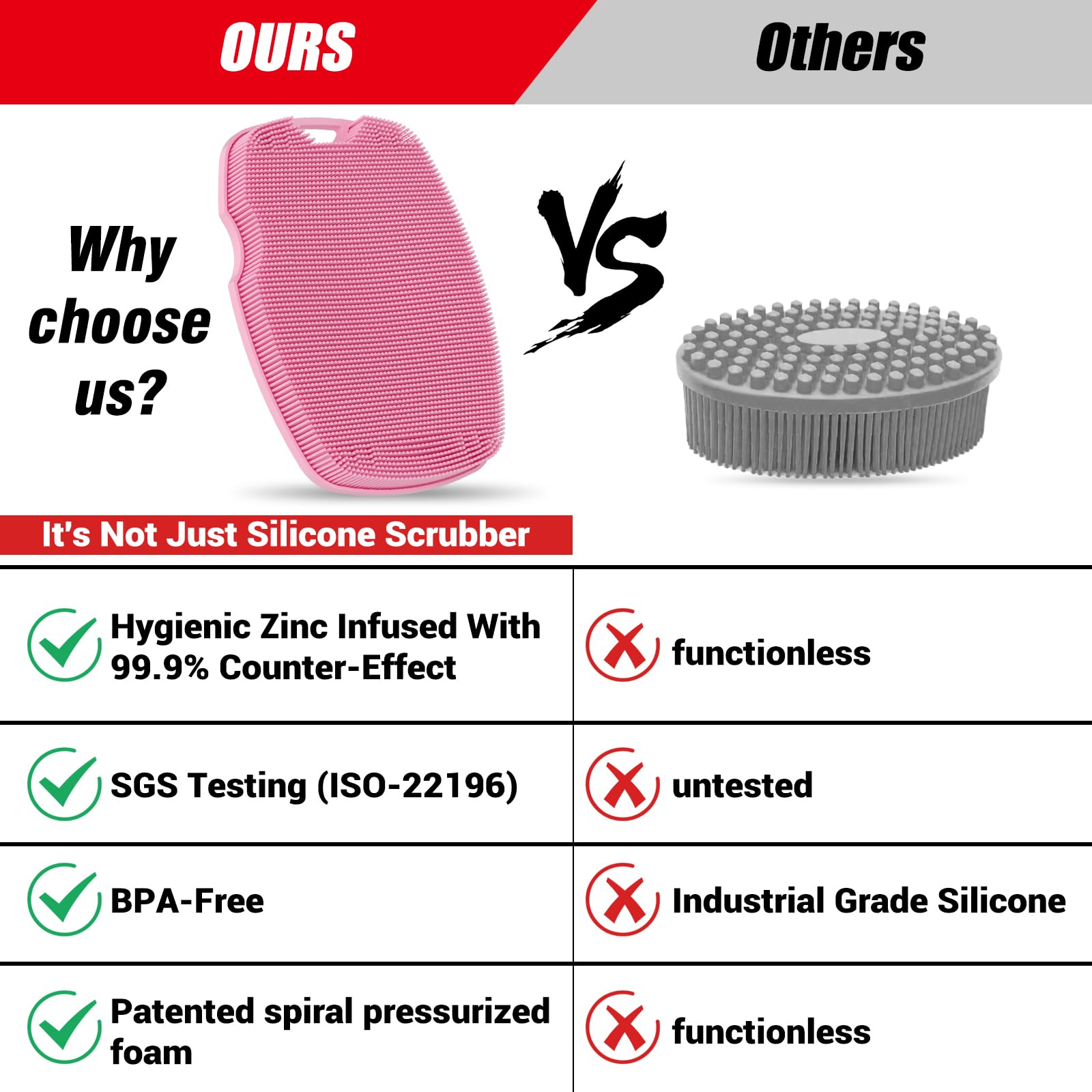 Canroom Silicone Body Scrubber - Anti Zinc Infused-Highly Elastic Bristles Exfoliating Body Scrubber for Shower Body,Cellulite Reduction,Blood Circulation - Pink