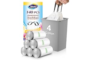 4 Gallon 140 Counts Strong Drawstring Trash Bags Garbage Bags by Teivio, Bathroom Trash Can Bin Liners, Small Plastic Bags for home office kitchen, White