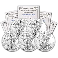 2020 Lot of (5) 1 oz Silver American Eagle BU In Coin Flip With CoinFolio COA Brilliant Uncirculated