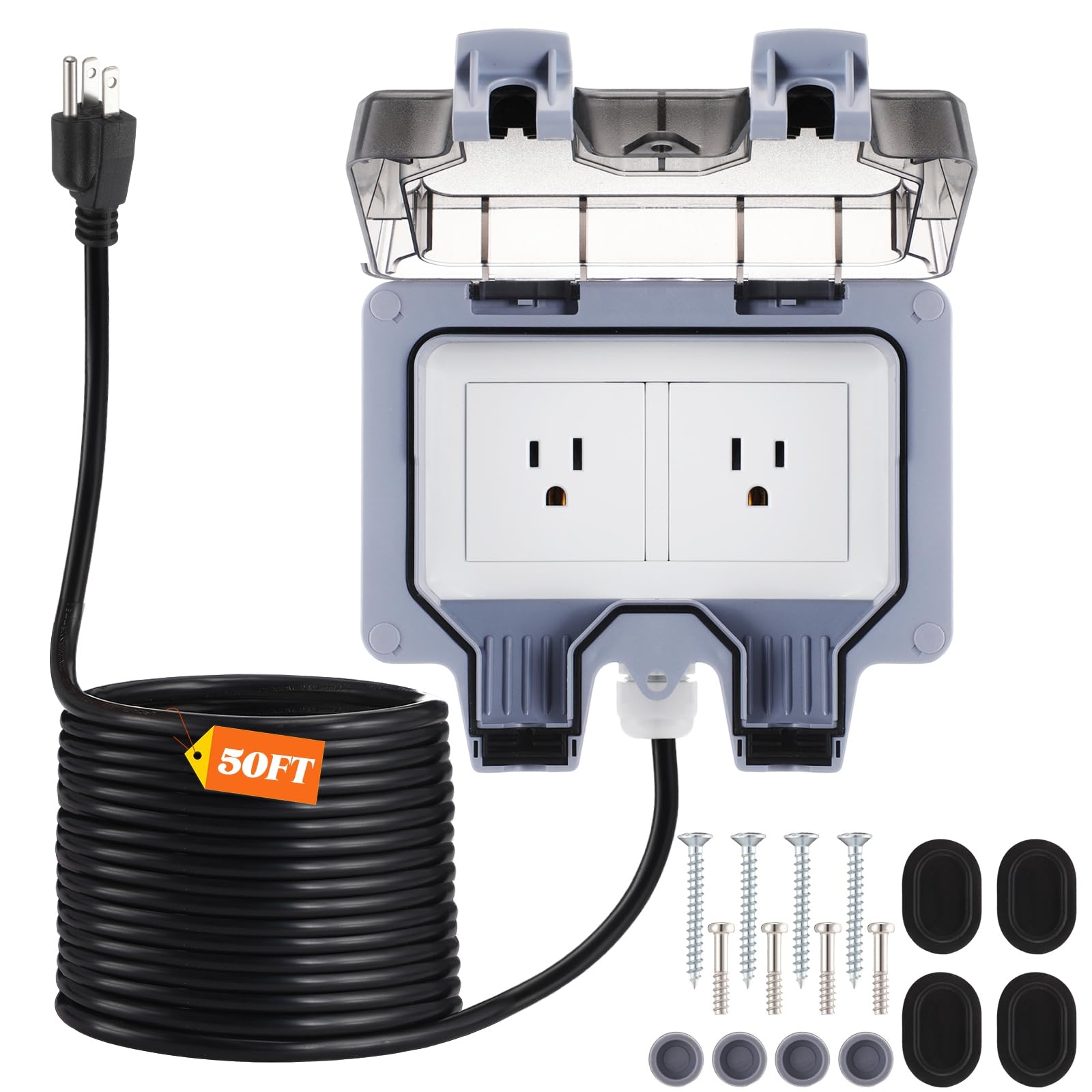 Photo 1 of Kanayu Outdoor Outlet Box with 50ft Extension Cord, Dual 15 AMP 5-15 Receptacles Weatherproof Waterproof IP66 Outdoor Exterior Socket with Cover, 14 AWG/3C SJTW Cord