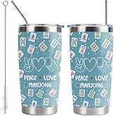 LLKJHGE Mahjong Game Tumbler 20OZ 2PC, Mah Jong Gifts Stainless Steel Tumbler with Lid and Straw, Gifts for Mahjong Players Lovers Travel Coffee Cup (peace love mahjong)