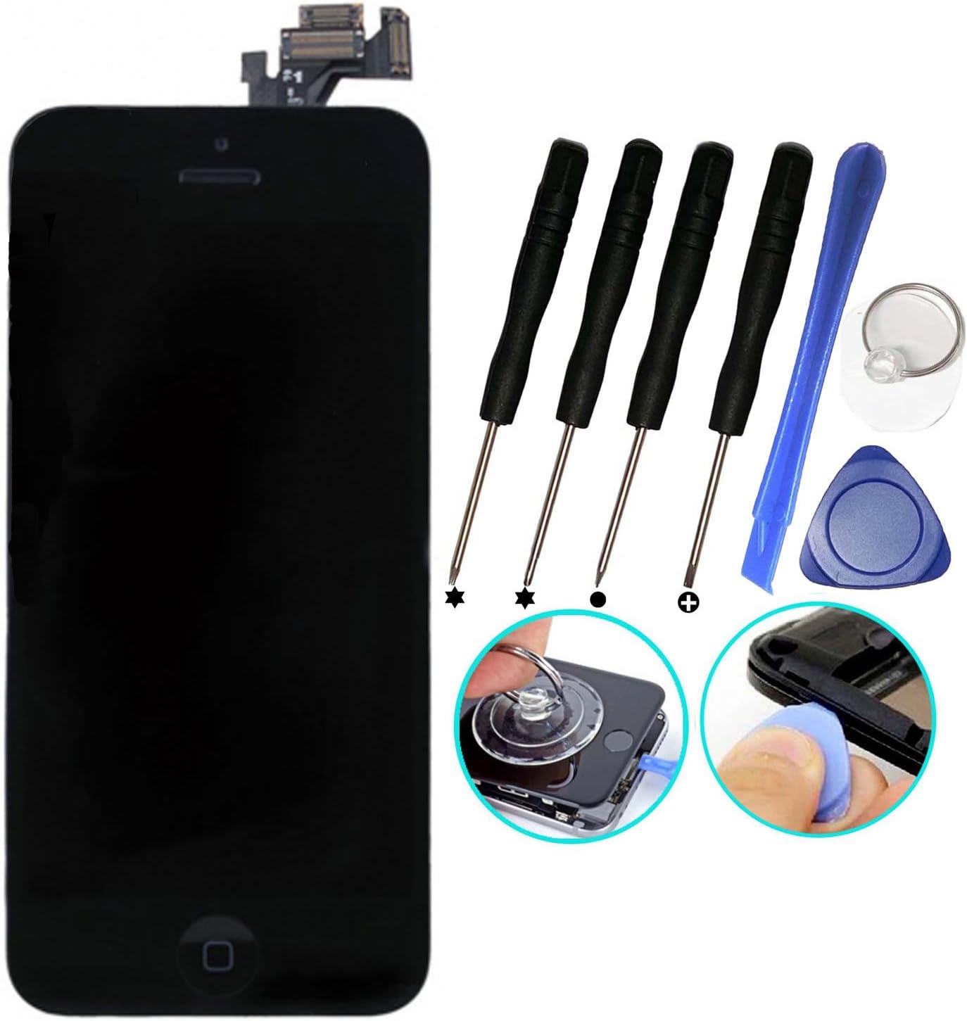 VTmobileAge for iPhone 5 Touch Screen Replacement Full Set with Home Button and Camera New LCD Digitizer Display Assembly Repair Replacement White + Tool Kits (Black)