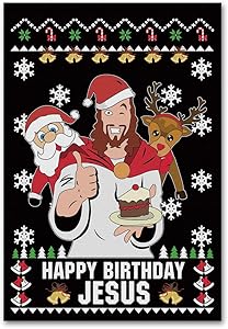 Meltelof Black Happy Birthday Jesus Garden Flag, Jesus Santa and Reindeer Garden Flag, Xmas Party Porch Décor, Yard Flag 12”x18” Double Sided