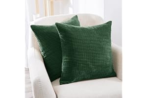 Deconovo Dark Green Pillow Covers, Pack of 2, Cushion Cover with Solid Color Stripe Pattern, 16x16 Inch, Soft Corduroy Throw 