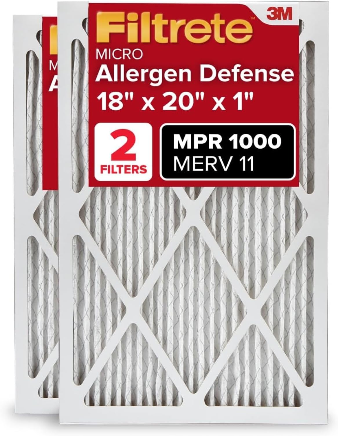 Filtrete 18x20x1 AC Furnace Air Filter, MERV 11, MPR 1000, Micro Allergen Defense, 3-Month Pleated 1-Inch Electrostatic Air Cleaning Filter, 2 Pack (Actual Size 17.81 x 19.81 x 0.81 in) Image