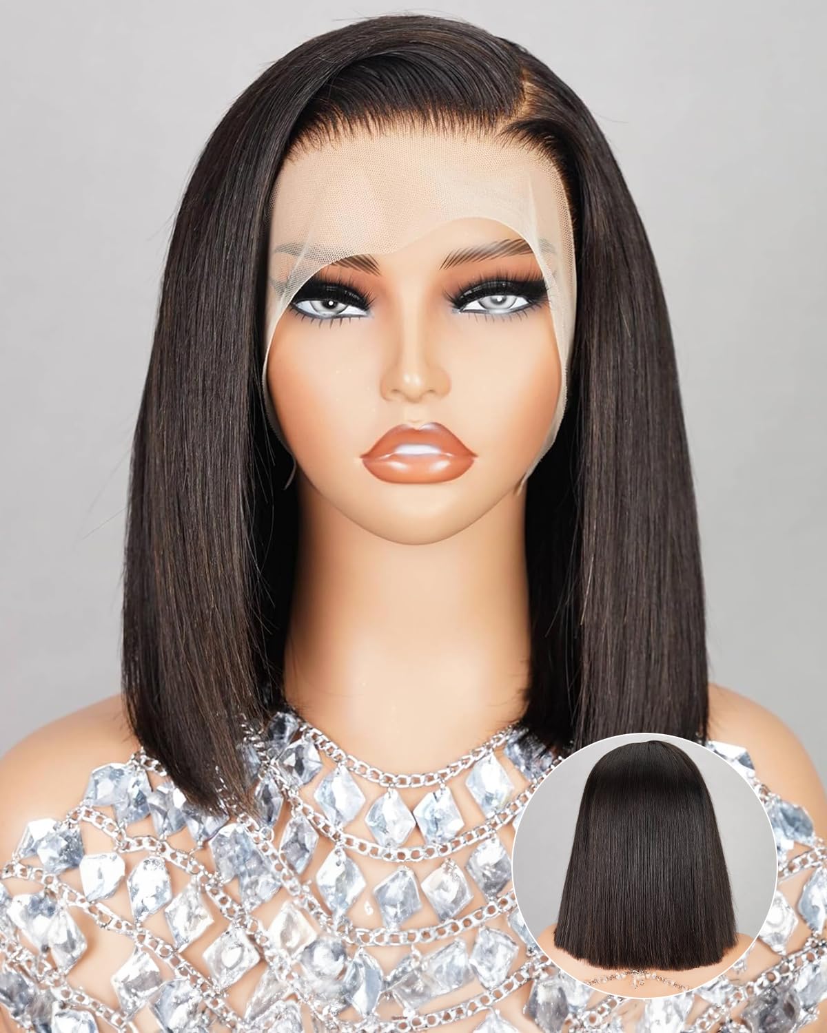 MEGALOOK 13x4 HD Lace Front Wigs Bob Wig Human Hair For Black Woman Upgraded Pre Plucked Bleached Tiny Knots Wig 200% Brazilian Virgin Human Hair Natural Black Color 10 Inch — image 1