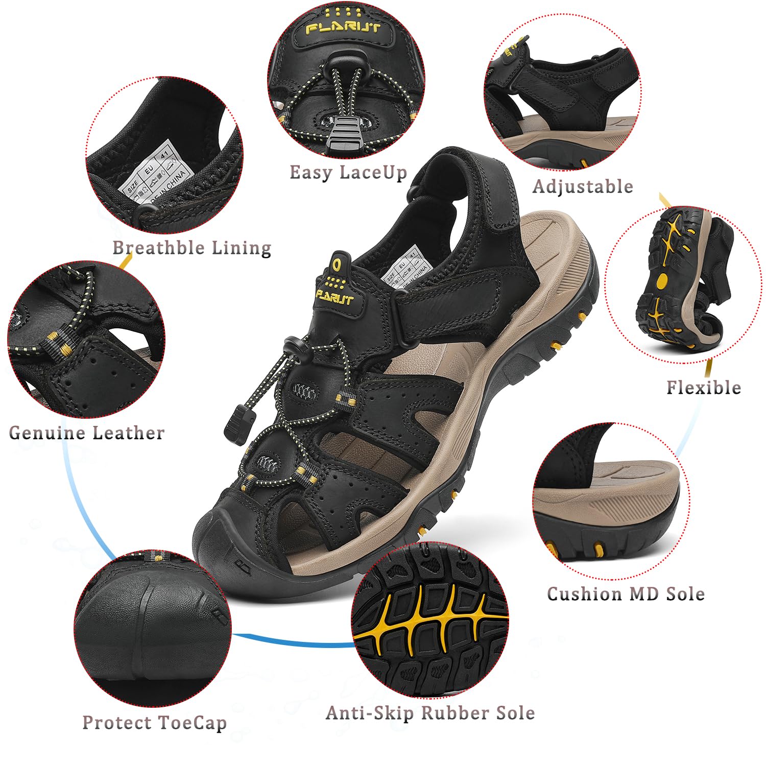 FLARUT Sandalen Herren Outdoorsandalen Sommer Wanderschuhe Trekkingsandalen Leder Strand Wandersandale Laufschuhe Lässige Sneaker Sportsandalen(schwarz,43) 2