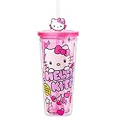 Silver Buffalo Sanrio Hello Kitty Kawaii Cute Hearts and Sparkle Plastic Cold Cup with Lid and Straw Topper, 24 Ounces