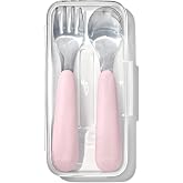 OXO Tot On-The-Go Fork and Spoon Set, Blossom | Toddler Utensils, Baby Food Utensils, Compact Travel Case, Stainless Steel, Meals On-the-Go, Baby Registry, Dishwasher Safe
