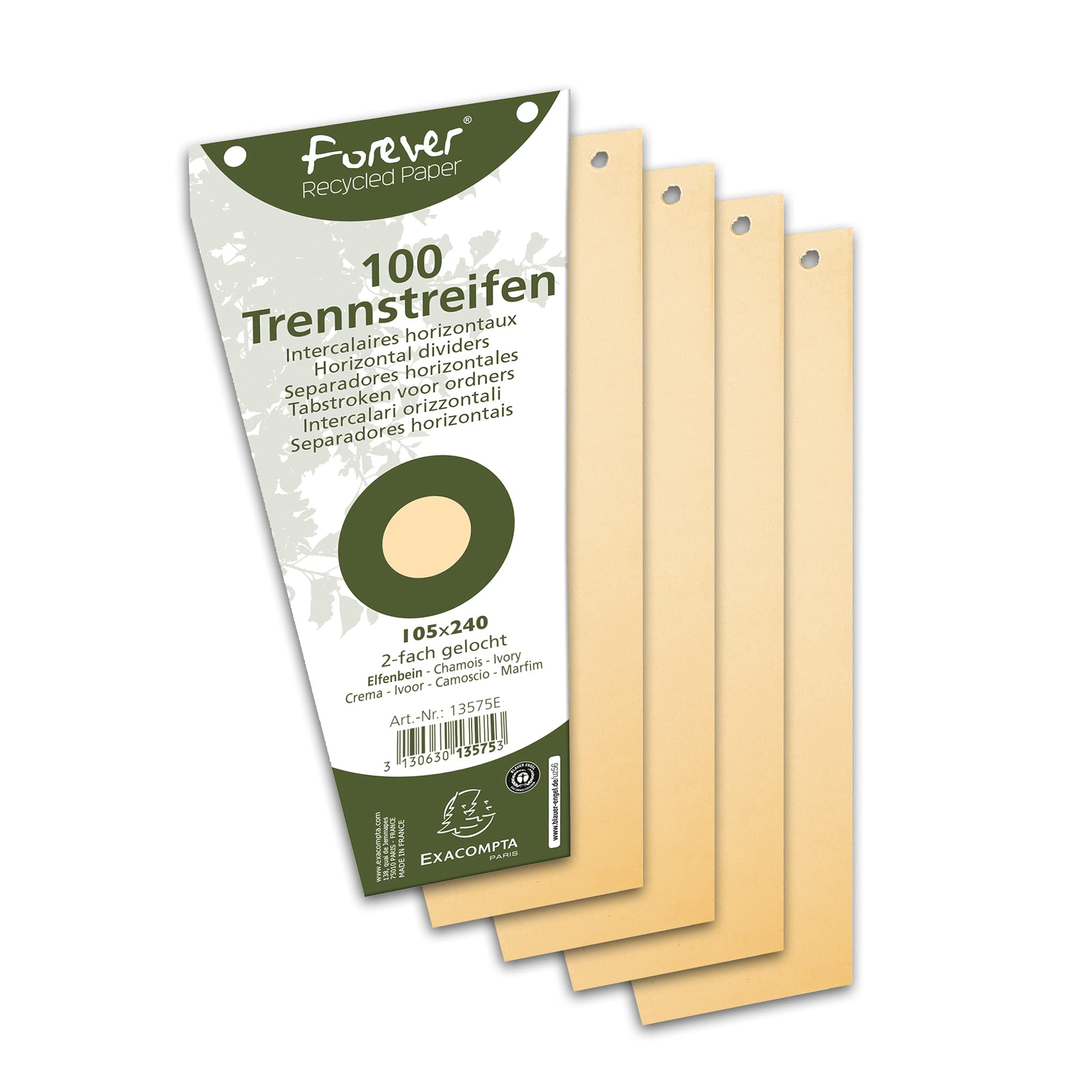 Exacompta - Ref 13575E - Forever Collection - Recycled Punched Card Dividers - 105 x 240mm, Pre-Punched for Folders or Files, Plain Recycled 180gsm Card - Buff (100 Pack)