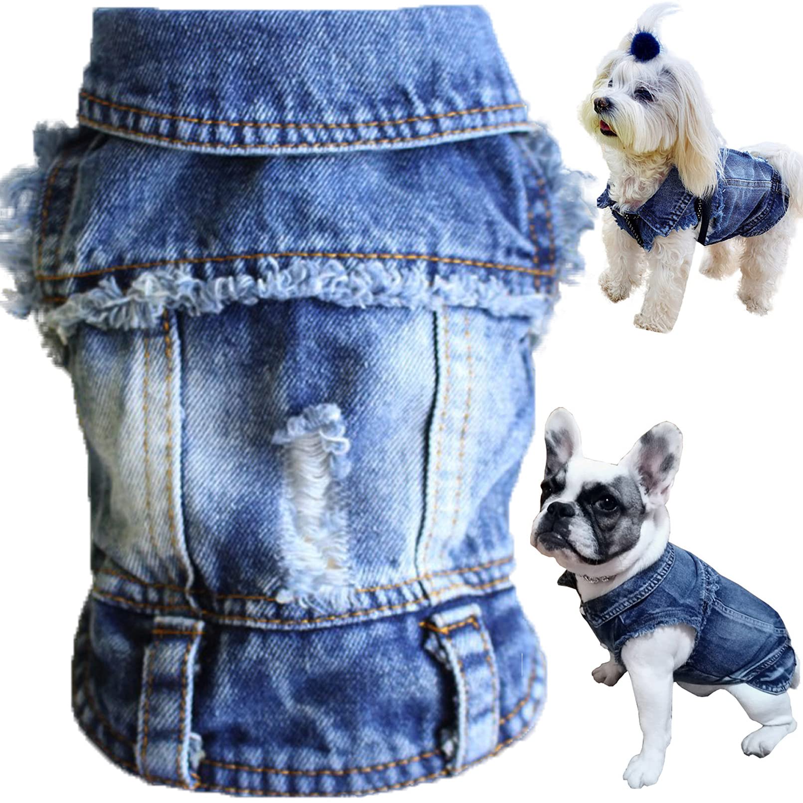Photo 1 of Brocarp Dog Jean Jacket, Blue Denim Lapel Vest Coat T-Shirt Costume Cute Girl Boy Puppy Clothes, Comfort and Cool Apparel, for Small Medium Dogs Cats, Machine Washable Outfits (Small, Blue)