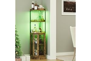 EOYUTLLY Corner Bar Cabinet with Power Outlet and LED Strip, 65" H 5-Tier Corner Liquor Wine Display Cabinet for Home Storage Solution for Living Room, Kitchen, Home Bar, Brown