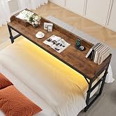 HOOBRO Overbed Table with Wheels, Rolling Table with Outlets &amp; Light Strip for Queen Bed, Mobile Bed Desk &amp; Drawer and Adjustable Height, Giant Computer Desk for Living Room, Rustic Brown BF180UDDN01