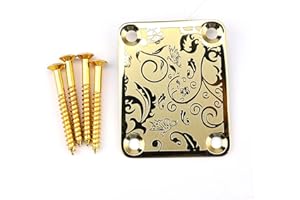 OVSAL Stainless Steel Engraved Electric Guitar Neck Plate 4-Bolt Square Neck Joint Plate Joint Reinforce Board for Strat ST Telecaster Tele Bass Electric Guitar Parts Replacement (Gold)
