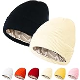 PFFY 2 Packs Womens Satin Lined Beanie Hat Silk Lining Winter Hats Beanies for Women Soft Slouchy Beanie Skull Cap