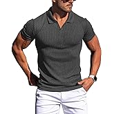 Collared Muscle Shirts for Men Ribbed Knit Slim Fit Polo Shirts Short Sleeve, Mens V Neck T Shirts Casual Stylish