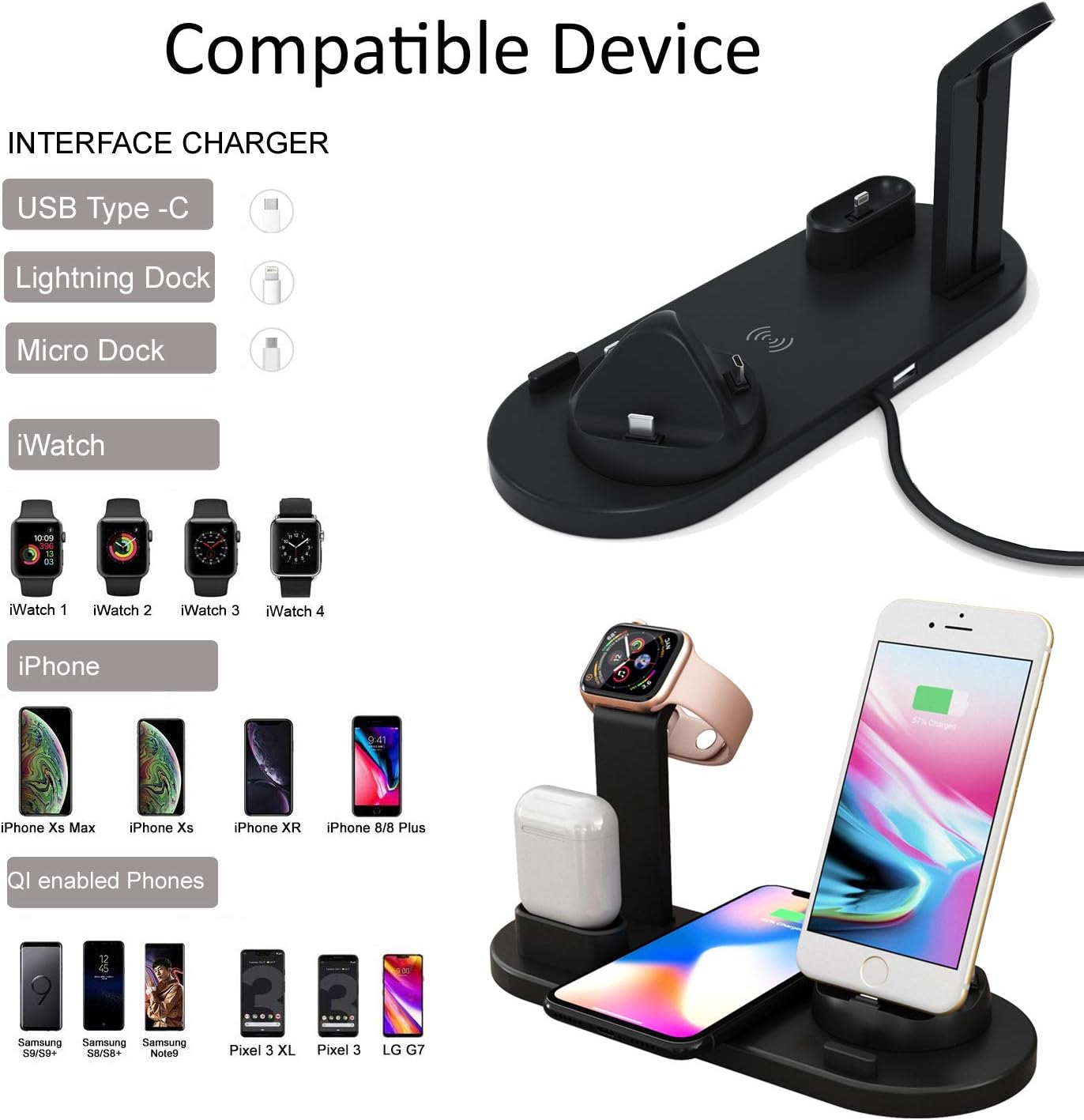 [Newest 2020] Wireless Charger 4 in 1 Charging Station - Upgraded Fast Wireless Charging Stand Compatible with Phone XI/XI pro/X/XS/XR/Xs Max/8/8 Plus, Smart Watches, Pods and Android Devices (Black)