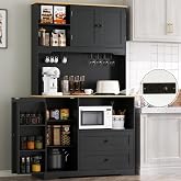 68"Tall Kitchen Pantry Storage Cabinet with Charging Station, Door &amp; Shelf | Upgrade Pantry Cabinet with Wine &amp; Glass Holder, Kitchen Hutch Cabinet with Microwave Stand, for Kitchen (Black)