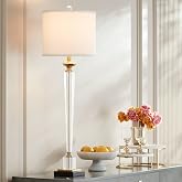 Carrillo Column 38 1/2" Large Buffet Table Lamp Gold Crystal Glass | Hexagonal Modern Lana Clear Living Room Bedroom House Bedside Nightstand Home Office Entryway Family White Drum Shade