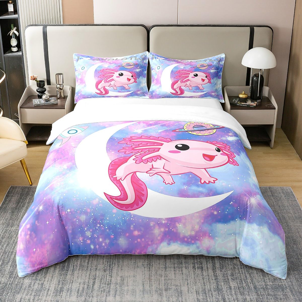 Kawaii Axolotl 100% Cotton Duvet Cover Cartoon Axolotl Pink Purple Galaxy Bedding 100% Cotton Set 3D Animals for Children Microfiber Salamander Duvet Set Room Decor Quilt Cover Single Zipper