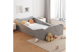 JOYMOR Toddler Bed, Floor Bed with Safety Guadrail, Montessori Toddler Bed with Animal Ear Shapes, Soft Velvet Wood Bed for Infant, Kids, Mattress not Included (Gray)