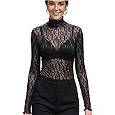 METWAY Black Sheer Top Women Mesh Long Sleeve Tops Lace Turtleneck See Through Undershirt Sexy Blouse Going Out T Shirt