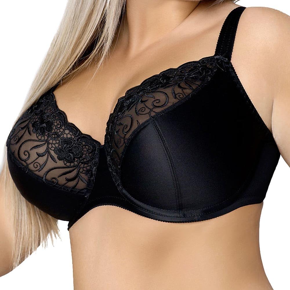 Linea Maxima 502 Delfina Underwired semi Padded Embroidered Decoration Bra Full Cup Big Maxi Size not Removable Regulated Straps - Made in EU, Size 40I, Black