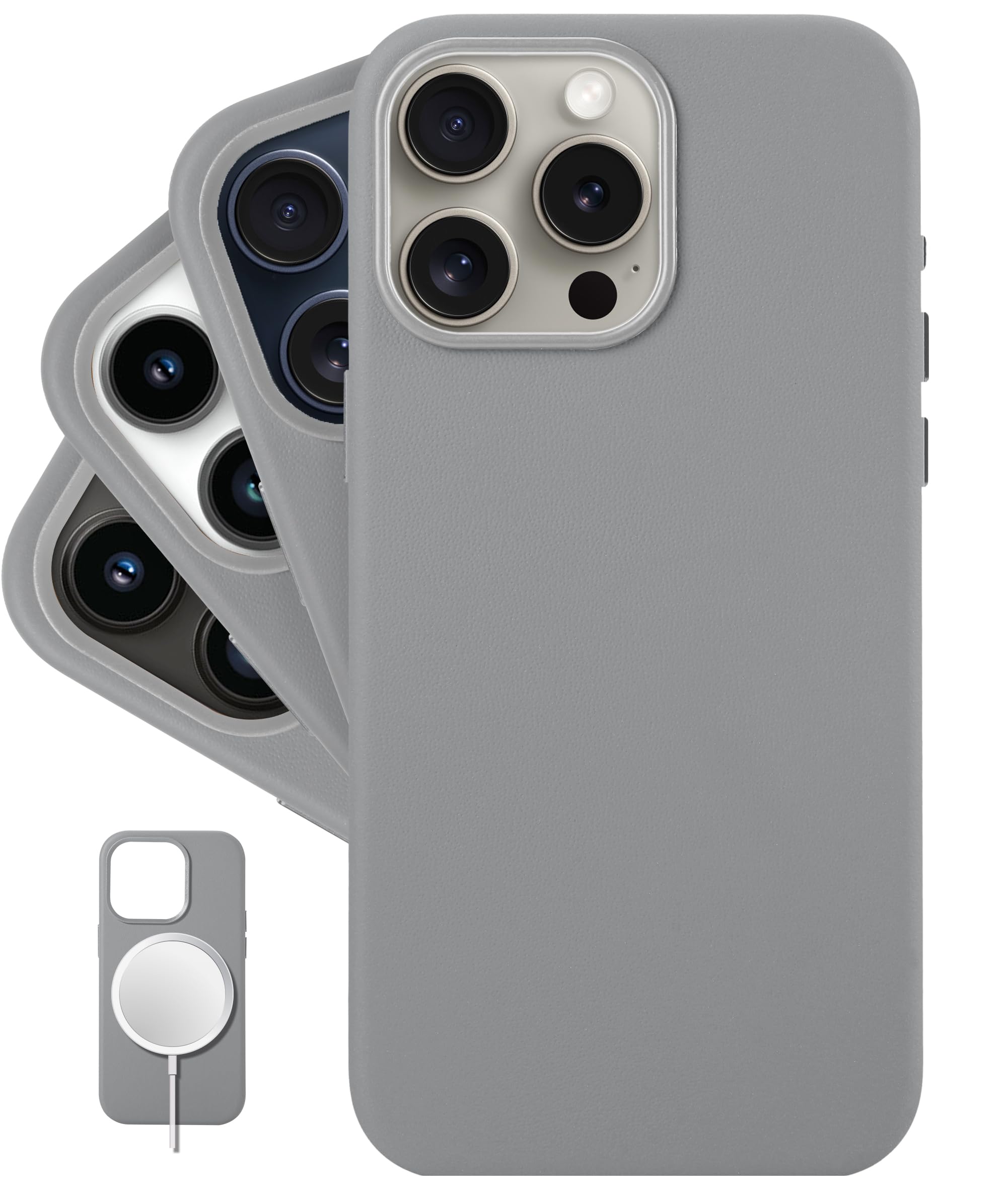 LONLI Classic - (for iPhone 15 Pro) - European Nappa Leather Phone Case - Smoothen and Soften Over Time - Compatible with Magsafe - Titanium Grey