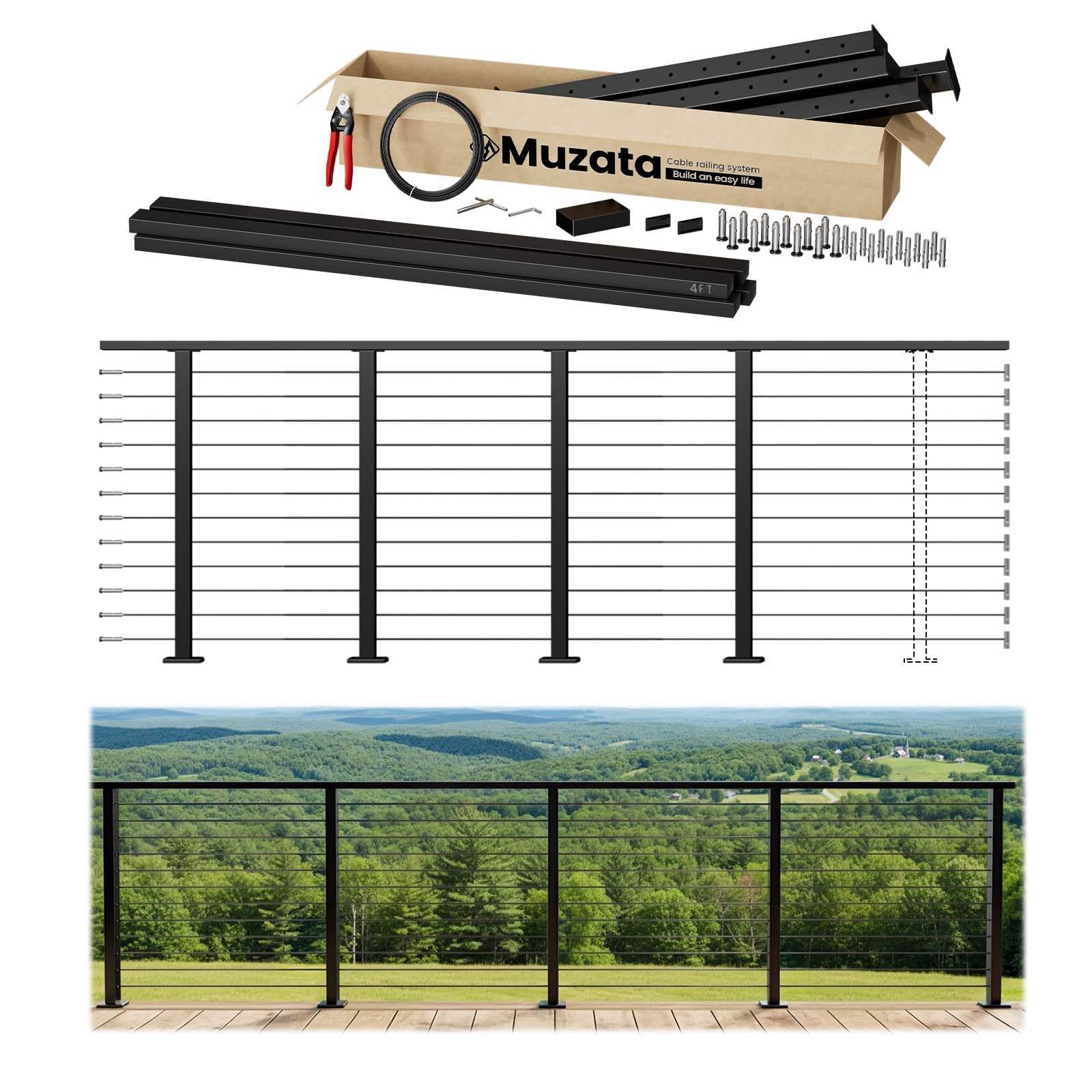 Photo 1 of Muzata 12-16FT Modular Black Cable Railing Kit with Handrail 42 Inch 4 Level Post Kit Complete Set Cable Railing System for Decks Length Adjustable Easy DIY with Paper User Guide RW03