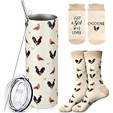 Funnymoom 2 Pack Chicken Themed Gifts Set Skinny Tumbler 20 oz Travel Coffee Mug Novelty Cute Animals Socks, Christmas Birthday Gifts, Chicken Party Favors