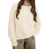 EGOCKAL Girls Cable Knit Sweaters Crewneck Lantern Long Sleeve Drop Shoulder Warm Jumpers for Kids Size 5-14Y